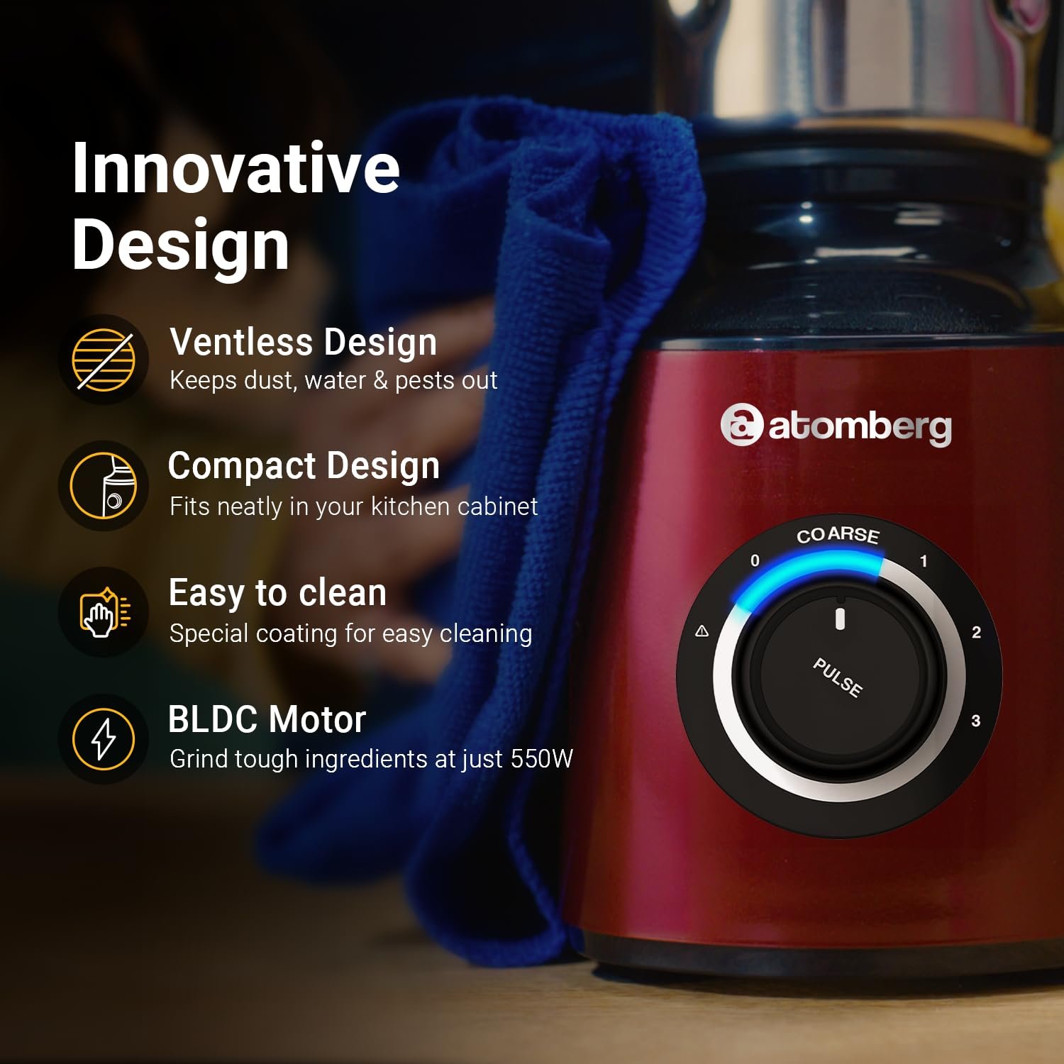 Atomberg Zenova Mixer Grinder with Unique Coarse Mode | Advanced Safety Features | 4 Jars including Chopper Jar with Hands Free Operation (Red Wine) - View 3